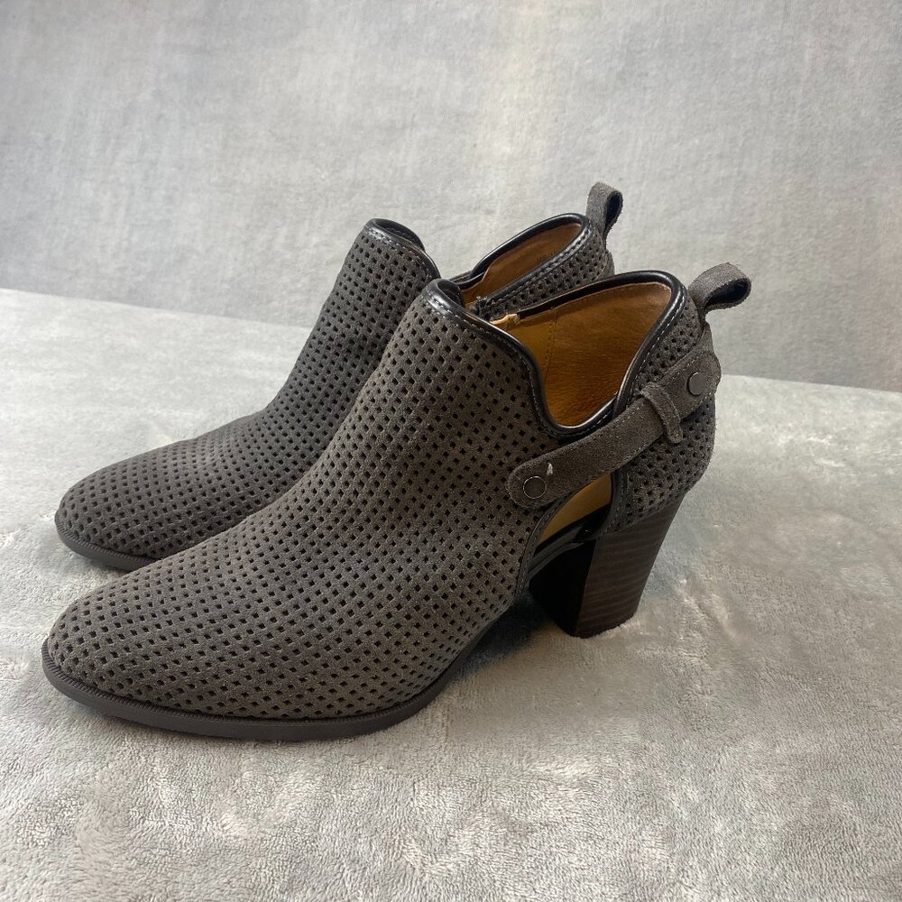 Franco Sarto Gray Perforated Suede Women’s Block Heel Ankle Boots Boho Sz 9.5